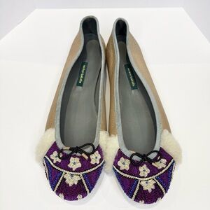 Meher Kakalia Bizi Embroidered Beaded Ballet Flats Beige Purple Size 42